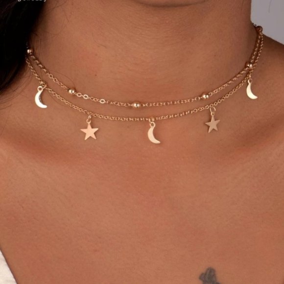 Jewelry - HP NEW Dainty Gold Moon and Star Double Choker
